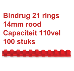 Bindrug GBC, 14 mm, 21 ringen, 100 stuks, rood