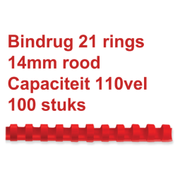 Bindrug GBC, 14 mm, 21 ringen, 100 stuks, rood