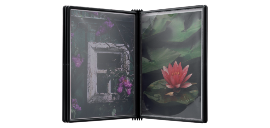 Djois Flex-O-Frame Wandelement A4 mit 5 schwarzen Taschen.