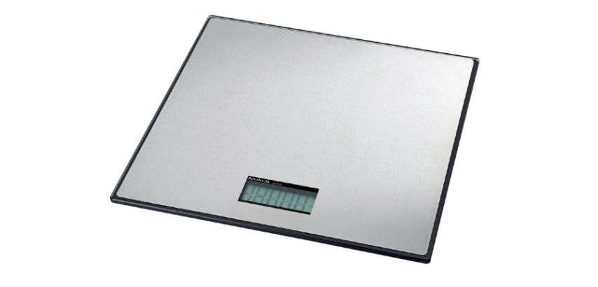 MAULglobal parcel scale 50kg metal platform 32x32cm includes black battery.