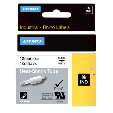 Labeltape Dymo Rhino industrieel krimpkous 12mm zwart op wit