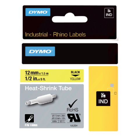 Labeltape Dymo Rhino industrieel krimpkous 12mm zwart op geel