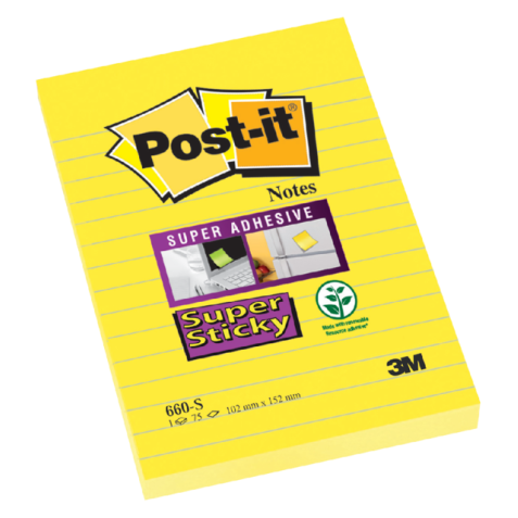 Memoblok Post-it 660 Super Sticky 102x152 geel met lijn 75 vel