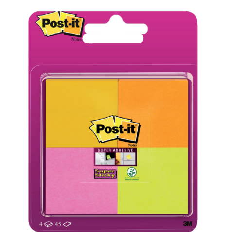 Bloc-mémos Post-it 6910 Super Sticky 51x51mm assorti 4 pièces