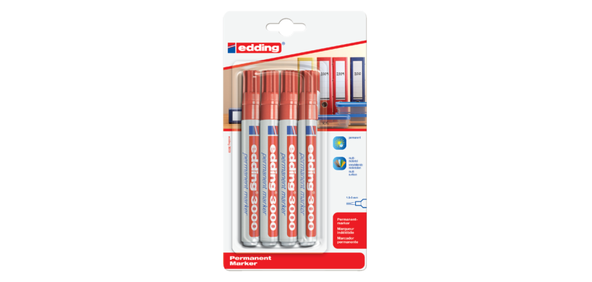 Edding 3000 marker bullet tip 1.5-3mm red blister pack of 4 pcs