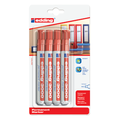 Viltstift edding 3000 rond 1.5-3mm rood blister à 4 stuk