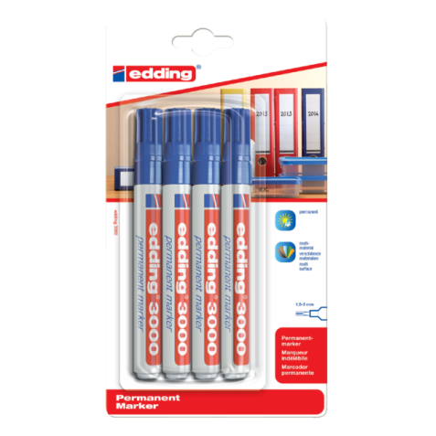 Viltstift edding 3000 rond 1.5-3mm blauw blister à 4 stuks