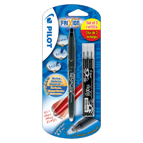 Rollerpen PILOT friXion medium zwart blister à 1 stuk + 3 vullingen