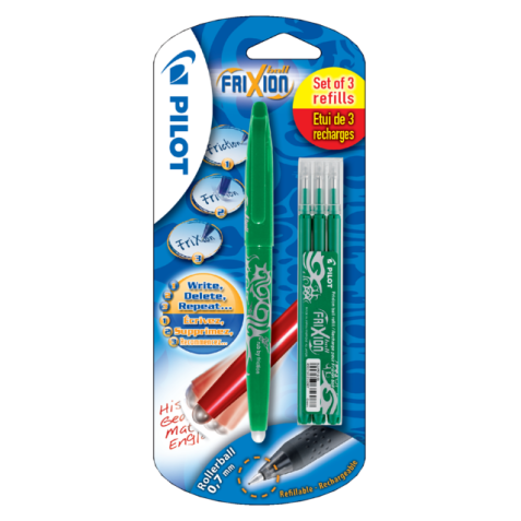 Rollerpen PILOT friXion medium groen blister à 1 stuk + 3 vullingen