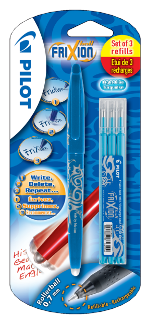 PILOT Set de 3 recharges Frixion pointe bille 0,7 mm Bleu