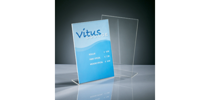 Tabletop display, acrylic, A3 portrait, angled