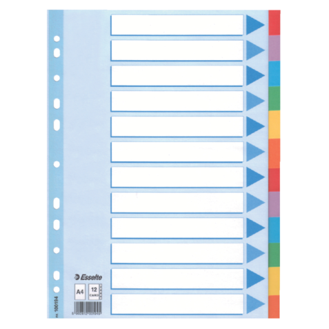 Intercalaire Esselte Standart A4 12 onglets 11 perf carton assorti