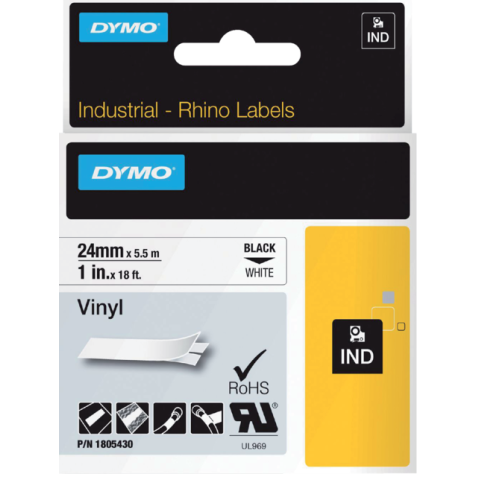 Ruban Dymo Rhino Industriel vinyle 24mmx5,5m noir sur blanc