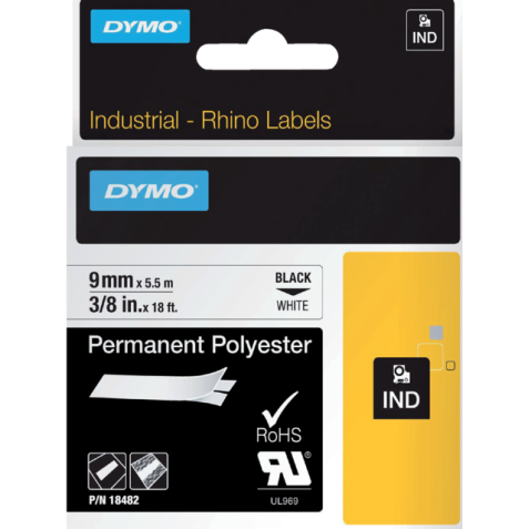 Ruban Dymo Rhino Industriel polyester 9mmx5,5m noir sur blanc