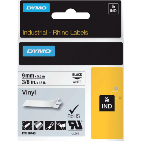 Labeltape Dymo Rhino industrieel vinyl 9mm zwart op wit