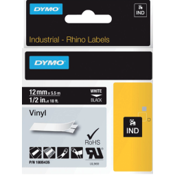 Labeltape Dymo Rhino industrieel vinyl 12mm wit op zwart