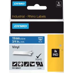 Labeltape Dymo Rhino industrieel vinyl 19mm wit op blauw