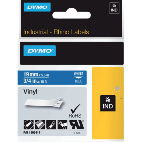 Labeltape Dymo Rhino industrieel vinyl 19mm wit op blauw