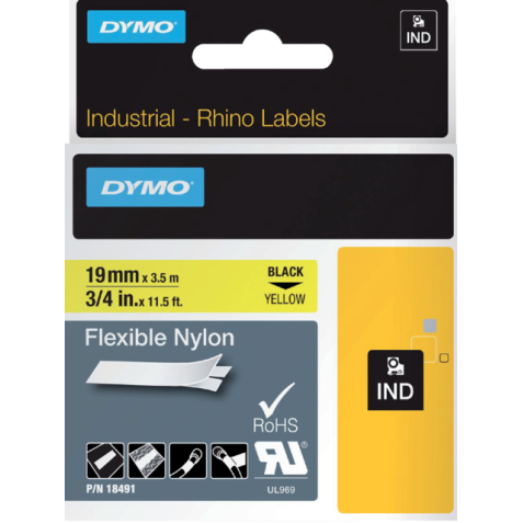 Labeltape Dymo Rhino industrieel nylon 19mm zwart op geel