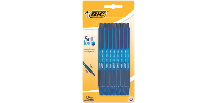 Stylo bille BIC Soft Feel Clic Grip Medium bleu blister 15 pièces
