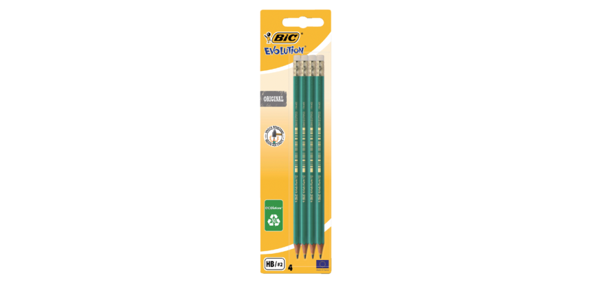 Crayon BIC Evolution ECOlutions hexagonal HB embout gomme blister 4 pièces