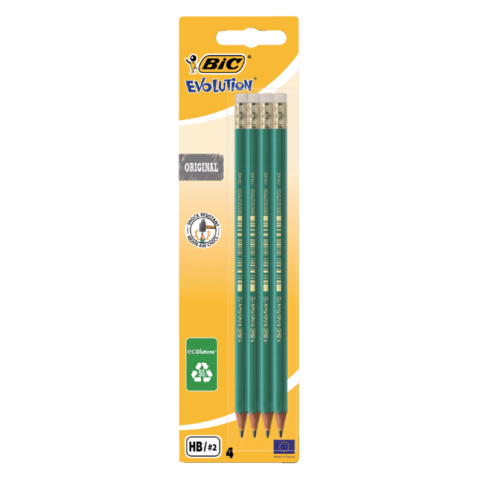 Crayon BIC Evolution ECOlutions hexagonal HB embout gomme blister 4 pièces