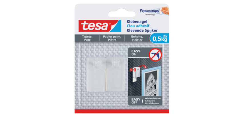 Klevende spijker tesa® behang en pleisterwerk 0,5kg wit 2 stuks