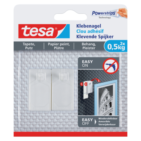 Klevende spijker tesa® behang en pleisterwerk 0,5kg wit 2 stuks