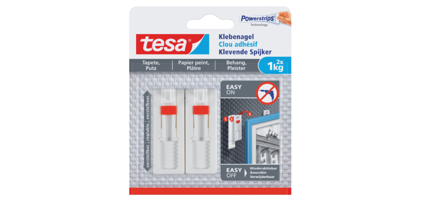 tesa® Verstellbarer Klebenagel für Tapeten & Putz 1kg weiß 2 Stück