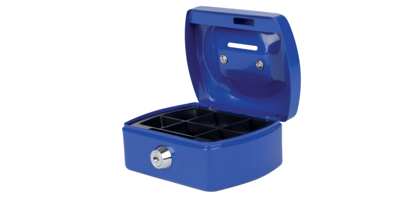 Geldkist Pavo met muntgleuf 125x95x60mm blauw