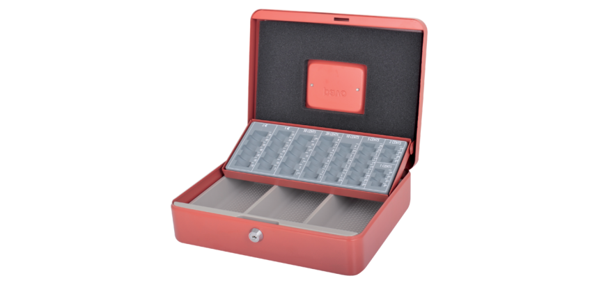 Box Pavo with cash tray 300x240x90mm red