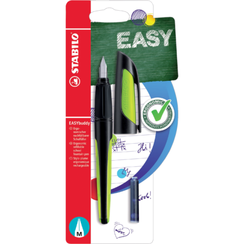 Vulpen STABILO Easybuddy rechtshandig medium zwart/lime blister à 1 stuk