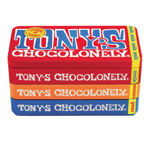 Chocolade Tony's Chocolonely puur-melk en karamel zeezout blik 540gr