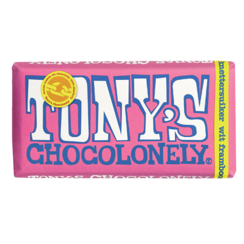 Chocolade Tony's Chocolonely wit framboos knettersuiker reep 180gr