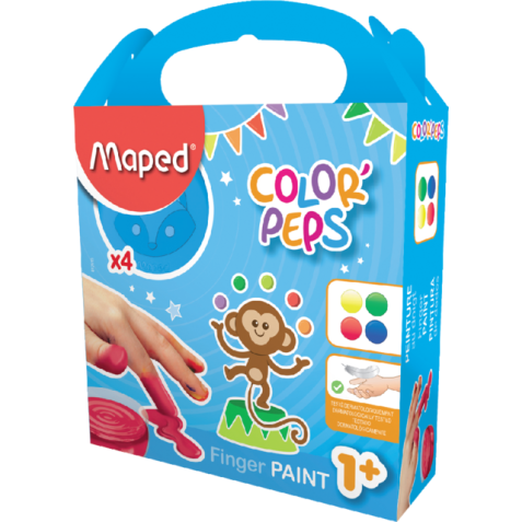 Maped vingerverf Color'Peps Early Age, doos van 4 potjes van 80 ml in geassorteerde kleuren