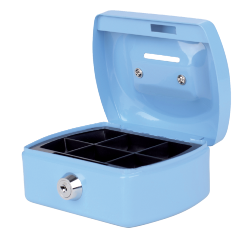 Coffret caisse Pavo avec fente tirelire 125x95x60mm bleu clair
