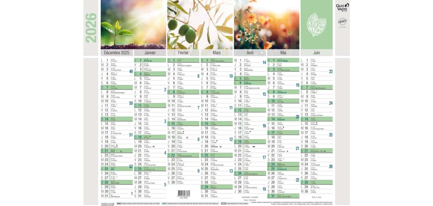 Quo Vadis - Calendrier mural - 2026 - Français - Equology - Multicolore - 14 mois de décembre à janvier - 43x33,5 cm -  recyclé - par 10