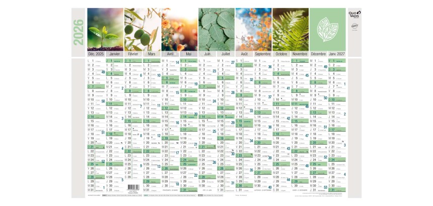 Quo Vadis - Calendrier mural - 2026 - Français - Equology - Multicolore - 14 mois de décembre à janvier - 65x43 cm -  recyclé - par 10