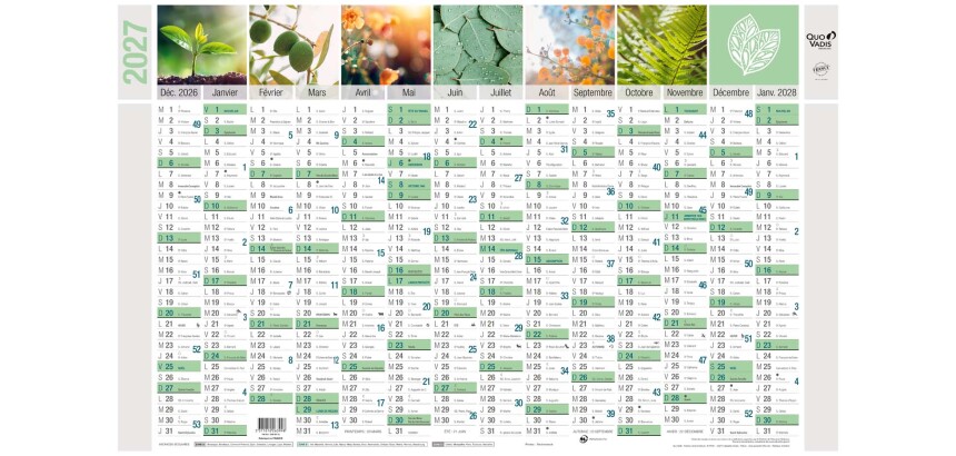 Quo Vadis - Calendrier mural - 2027 - Français - Equology - § - 14 mois de décembre à janvier - 65x40,5 cm recyclé - par 10