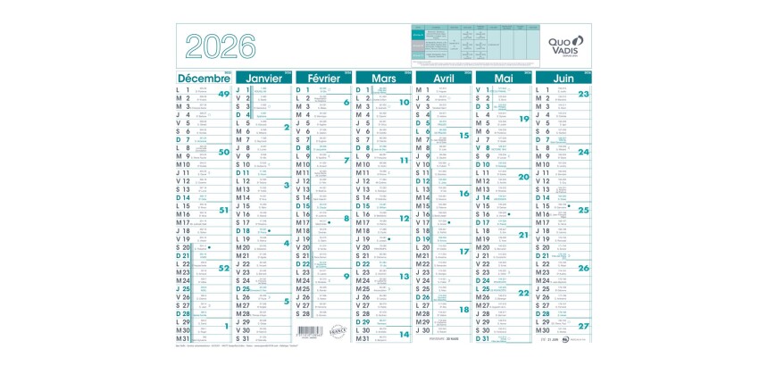Quo Vadis - Calendrier mural - 2026 - Français - Classic - 14 mois de décembre à janvier - 43x33,5 cm