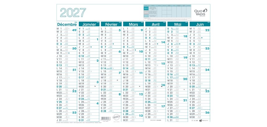 Quo Vadis - Calendrier mural - 2027 - Français - Classic - 14 mois de décembre à janvier - 43x33,5 cm