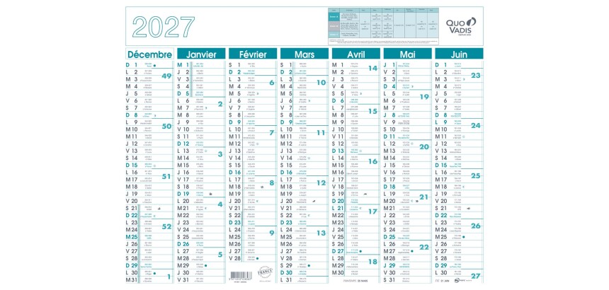Quo Vadis - Calendrier mural - 2027 - Français - Classic - 14 mois de décembre à janvier - 55x40,5 cm