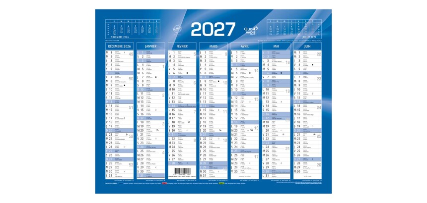 Quo Vadis - Calendrier mural - 2027 - Français - Classic - Bleu - 14 mois de décembre à janvier - 27x21 cm