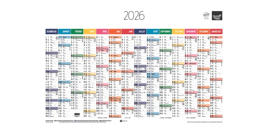 Quo Vadis - Calendrier mural - 2026 - Français - Arc en ciel - Multicolore - 14 mois de décembre à janvier - 65x43 cm - par 10