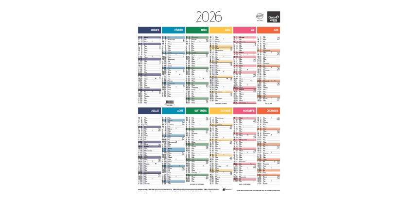 Quo Vadis - Calendrier mural - 2026 - Français - Arc en ciel - Multicolore - 12 mois de janv à déc. - 43x55 cm - par 10