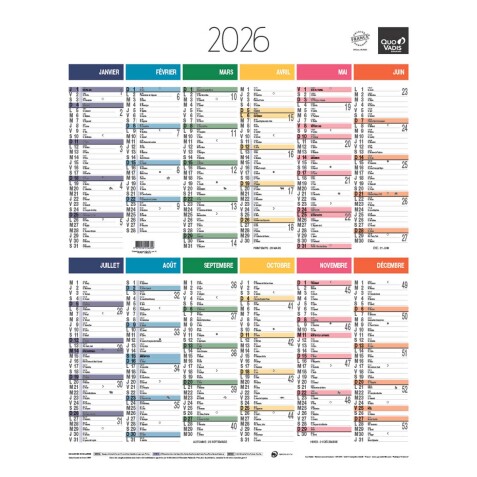 Quo Vadis - Calendrier mural - 2026 - Français - Arc en ciel - Multicolore - 12 mois de janv à déc. - 43x55 cm - par 10