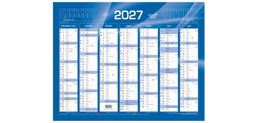 Quo Vadis - Calendrier mural - 2027 - Français - Classic - Bleu - 14 mois de décembre à janvier - 43x33,5 cm