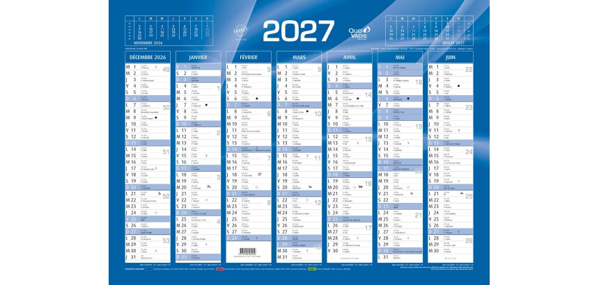 Quo Vadis - Calendrier mural - 2027 - Français - Classic - Bleu - 14 mois de décembre à janvier - 55x40,5 cm