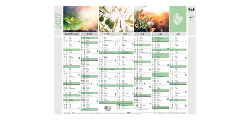 Quo Vadis - Calendrier mural - 2027 - Français - Equology - § - 14 mois de décembre à janvier - 27x21 cm recyclé