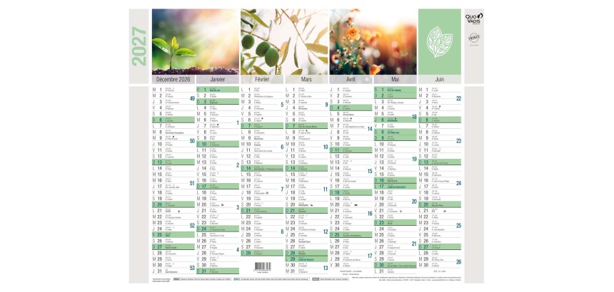 Quo Vadis - Calendrier mural - 2027 - Français - Equology - § - 14 mois de décembre à janvier - 43x33,5 cm recyclé